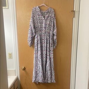 Printed White Maxi Dress with Pink & Blue Accents